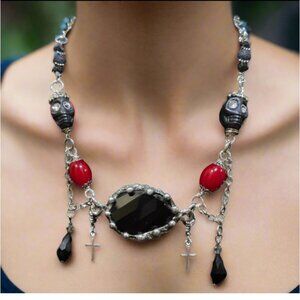 Dark Romance Gothic Necklace: Faceted Black Onyx Pendant w Skull & Cross Charms